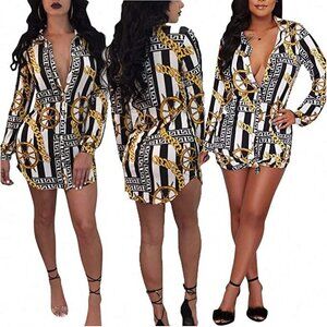 Womens Print Button Down Collar Long Sleeve Shirt Mini Dress